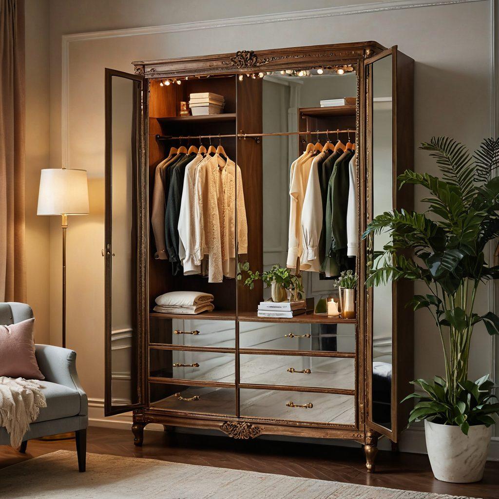 A beautifully arranged wardrobe showcasing elegant and aesthetic clothing items, surrounded by lush greenery and calming wellness elements like candles and crystals. Soft natural light illuminates the scene, highlighting the textures of fabrics and the serene atmosphere. Include a vintage mirror reflecting the wardrobe, symbolizing self-discovery and elegance. super-realistic. vibrant colors. warm and inviting mood.